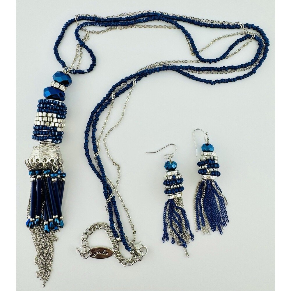 Jules Blue Beaded Chain Tassel Pendant Necklace Earrings Set 32” Statement